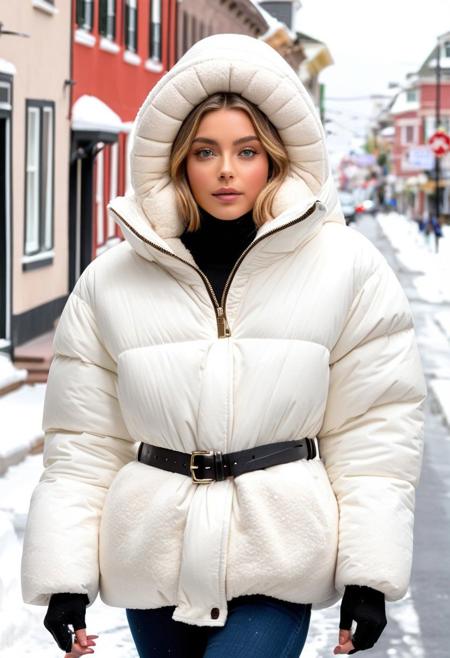 (white Oversized sherpa down coat, white Oversized sherpa puffer coat, white Oversized sherpa winter clothes, very very cold, in cold:1.5), semi-realistic, (full_length_portrait:1.5), (puffer hood:1.5), (winter boots:1.5), (tight pants:1.5), (belt:1.5), sharp eyelid, eyeliner, eyelashes, beautiful detailed eyes, tsurime, short hair, blonde hair, wet hair, (wet:1.5), blue eyes, messy hair, sidelocks, perfect anatomy, (walking:1.5), (town:1.5), (street, daytime, snow, winter, cold winter, snowing:1.5), detailed background, highres, best quality, olive skin, android 18, mother, milf, solo, perfect eyes, perfect face, masterpiece, best quality, finely detailed beautiful eyes and detailed face, ultra-detailed, anextremely delicate and beautiful, intricate details, lovely lips, delicate facial features, blush, 8k_resolution, smile, hair tucking,