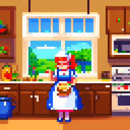 A highly detailed mother in her kitchen preparing meal, window sunny day, happy, smiling,
, pixel art, PixArFK,
<lora:PixArFK6415PasWithoutTE:1>