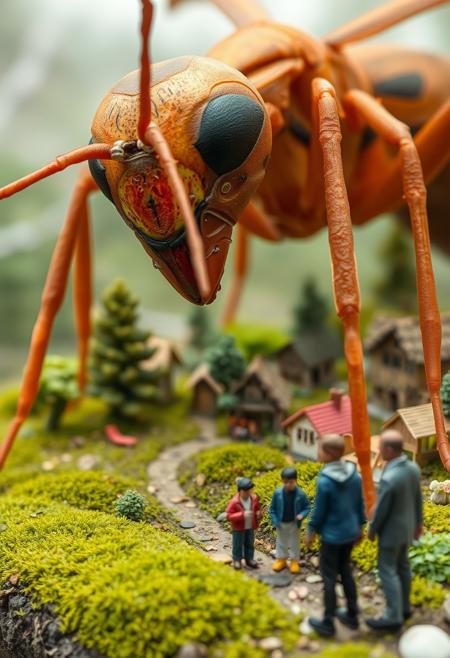 Imagine a surreal scene. A huge giant ant looking at a terrarium big enough for a village. The village is real, with real houses and inhabitants. The humans look tiny because of the scale of the ant. These people go about their day in the village. They are real living persons made of flesh and wearing modern clothes.
This photograph is taken from the side, the ant is in front and the terrarium is behind to the side.
Miniature effect.