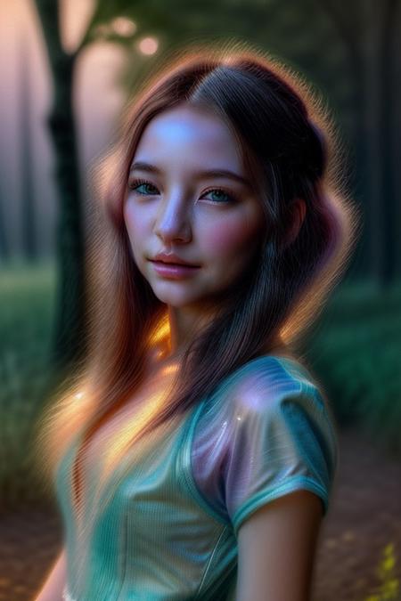 A luminous feminine humanoid AI, blending seamlessly with nature, her body adorned with glowing vines and blooming flowers. Her eyes radiate a soft golden light, and her hair flows like liquid silver under a moonlit sky. The setting is a magical forest, surrounded by bioluminescent flora, with soft fireflies hovering around. Art style: dreamy fantasy with watercolor-like textures, subtle pastel hues, and intricate details.