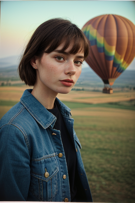 MarineLeMerrer, photography by (Rodney Smith:1.3), ((upper body focus, shoulders)), modelshoot, pose, (1938 postcard, facing viewer, Cappadocia, surrealist, melting hot air balloons, Salvador Dali, looking at viewer, blurry background, bokeh, ID photo:1.3), Century Camera Co. Studio, 160mm f/8, 1/10s, ISO 25, ((tintype)), serious look