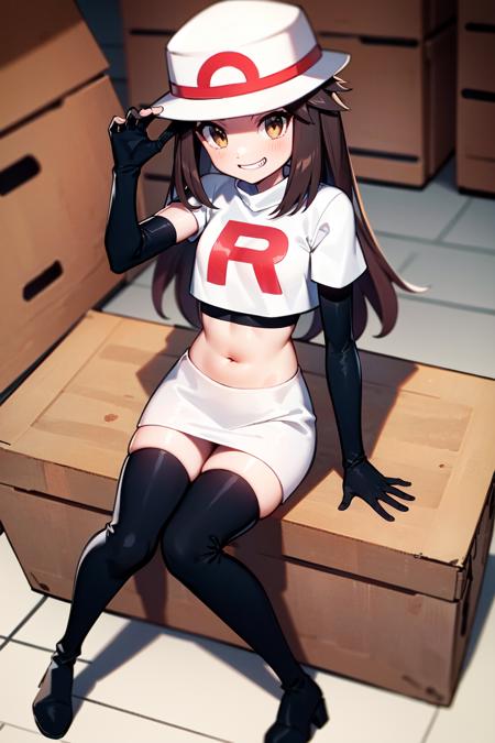 solo,  lf,  in warehouse,  sitting on crate,  black boots,  thigh boots,  elbow gloves,  black gloves,  team rocket uniform,  white shirt,  crop top,  white skirt,  white headwear,  evil grin,<lora:EMS-252979-EMS:0.700000>