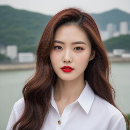 A portrait of a Korean woman with long wavy olive hair, a white and red button-up shirt, and a backdrop of Seoul, South Korea. The woman has thin, straight eyebrows and large, green eyes. The woman is wearing cherry red lipstick.