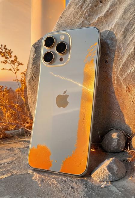 A high-tech smartphone featuring a lens, captured under oblique sunlight mixed with artificial lights that create dramatic shadows. The cold metallic gray of the phone contrasts sharply with the warm orange of the sunlight. Bright paint splatters stand out against the faded tones of the surroundings, adding an element of pathos. The image focuses closely on the smartphone, highlighting its soft surface and polygonal overall appearance.