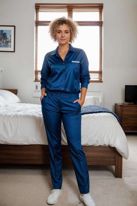 (8K, Breathtaking photo of a Beautiful Girl), 1 girl, fullbody, standing, look at camera, many details, inside bedroom, many objects, many details, detailed skin, blonde, blue eyes, short curly hair, wearing work suit