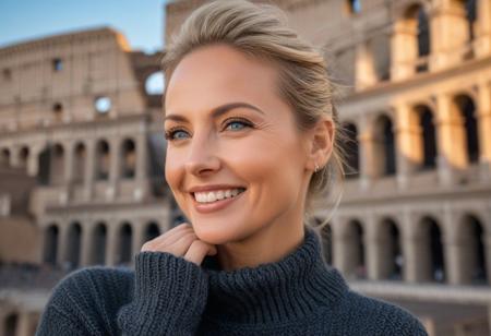 A hyper-detailed, high-resolution (8K) close-up portrait of a 40-year-old woman with sleek blonde hair tied back, wearing an oversized detailed charcoal gray knit sweater. Her striking blue eyes gleam with warmth, framed by delicate laugh lines that enhance her inviting charm. Subtle wrinkles on her face, natural skin texture, detailed natural skin. Her face is brightly lit by soft, diffused daylight, highlighting every subtle texture. She is facing the camera directly with her hands gently cupping her face. The background shows the Colosseum in Rome, bathed in warm, late afternoon light.
