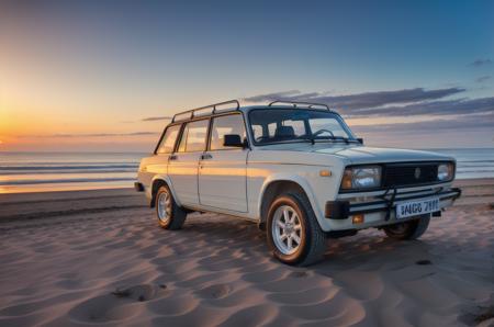 <lyco:VAZ2104:1.0>  VAZ2104 cabriolet car angled view parked on a beach, at sunset, warm light, global illumination, volumetric lighting, highly detailed, insanely detailed, absurdres, best quality