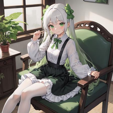 1girl, solo, pantyhose,detailed eyes, green eyes, white pantyhose, center frills, long hair, long sleeves, frills, bow, no shoes, sitting, shirt, hair between eyes, skirt, white shirt, smile, chair, bangs, hair bow, looking at viewer, very long hair, closed mouth, blush, frilled skirt, on chair, sleeves past wrists, full body, indoors, black skirt, suspender skirt, green theme, green bow, white bow, feet, plant, white hair, puffy long sleeves, day, suspenders, hanfu