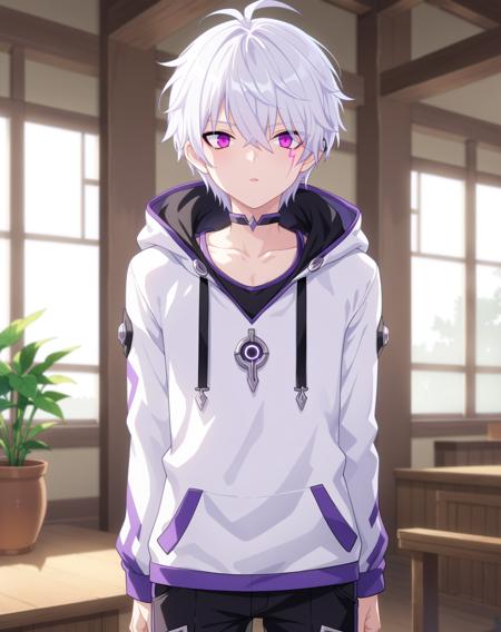 add_elsword, white hair, purple eyes, facial tattoo, 