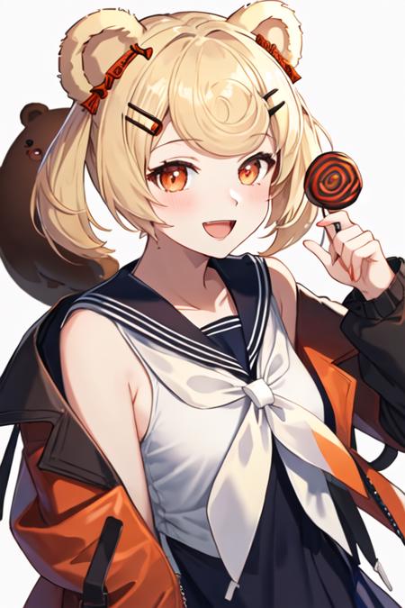 best quality, masterpiece, highres, solo, {gum_arknights:1.15}, animal_ears, blonde_hair, bear_ears, short_hair, hair_ornament, candy_hair_ornament, hairclip, food-themed_hair_ornament, bangs, smile, orange_eyes, upper_body, red_eyes, 1girl, jacket, sailor_collar, simple_background, white_sailor_collar, open_mouth, looking_at_viewer, :d, white_background, black_jacket, sailor_dress