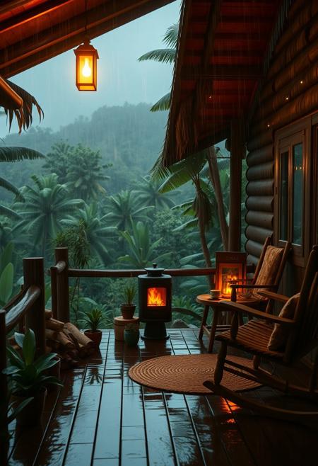 A cozy wooden cabin porch in the middle of a lush, tropical rain forest during a nighttime rainstorm. The porch is warmly lit by a glowing lantern and a crackling fire inside a freestanding black metal fireplace. Rain pours heavily in the background, with mist rising between densely packed forest trees and distant jungle hills. The porch floor is wet and reflective, with stacked logs of firewood, green potted plants, and rustic wooden furniture, including a rocking chair and a small table holding a cup and a pitcher. A woven rug adds a touch of warmth to the space. The overall atmosphere is tranquil, immersive, and cinematic — ideal for a relaxing ASMR or ambient scene. Soft warm lighting contrasts beautifully with the deep blues and greens of the rain forest night.