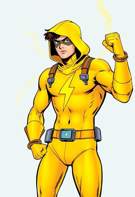 A young male superhero, wearing a simple yellow suit to showcase his electrical superpowers. He wears a cowl covering his upper head. He has several gadgets, including a computer on his wrist. He has a electric insignia on his chest.
The art style is golden age comics