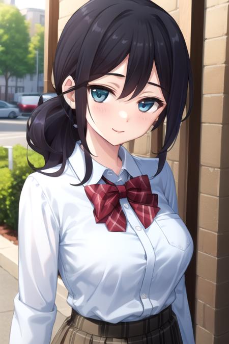 Mita Hikari long hair,black hair,low ponytail,sidelocks,side swept bangs,aqua eyes school uniform,red bowtie,white shirt,collared shirt,emblem,long sleeves,large breasts,skindentation,miniskirt,brown skirt,plaid skirt,pleated skirt,blue thighhighs,zettai ryouiki,loafers