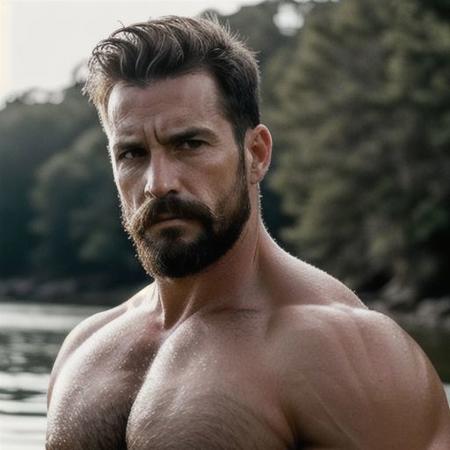 A portrait featuring a strong and fine-looking, middle-aged man with facial hair and a mustache. His facial expression exudes strength and masculinity, showcasing a brawny physique. The athlete is shirtless, highlighting his toned muscles and powerful presence. Despite his elderly age, the man exudes vitality and a rugged lifestyle. His face conveys a sense of determination and resilience, making him an impressive and striking figure.