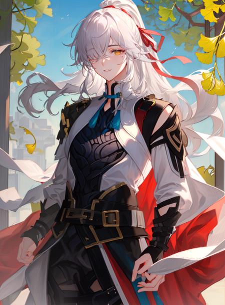 (masterpiece, best quality, ultra-detailed, highres, illustration:1.1),1boy,mole, mole under eye, jingyuan, hair ribbon,(yellow eyes),ponytail,armor, white hair,one eye covered,cowboy shot,looking at viewer, (ginkgo leaf:1.3),ginkgo tree,  
 <lora:jing_yuan-05:1>