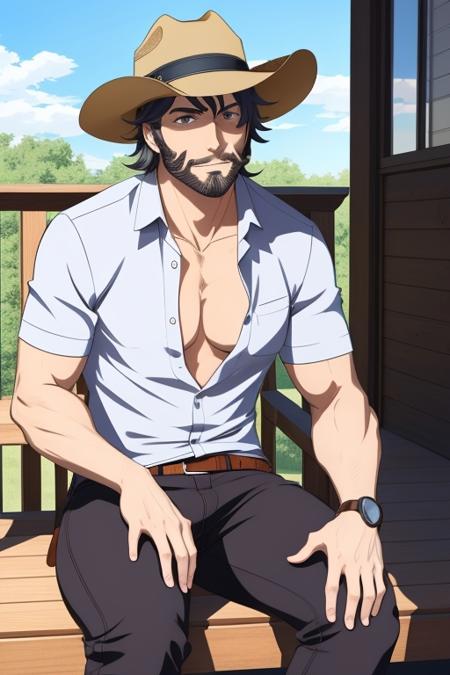 (anime:1.1) screencap style (simple plain drawing:1.1) of an anime rugged hairy cowboy sitting, open shirt, sun tanning, on the front porch, cowboy hat, hairy chest