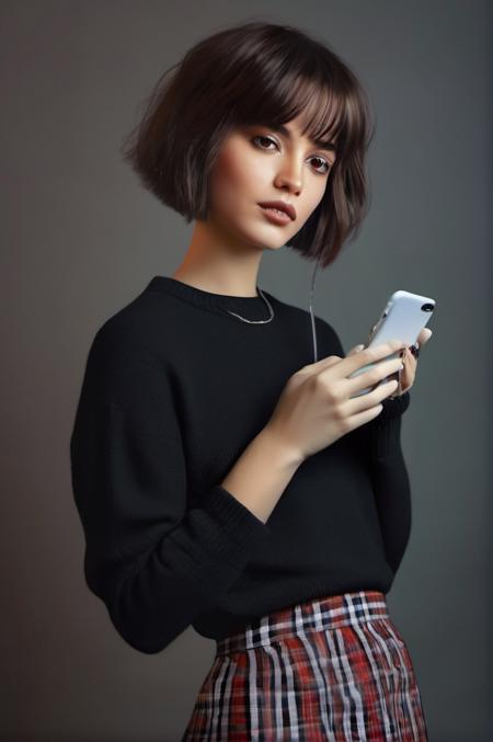 <lora:isabelamerced_xl_lora_30:1>  isabelamerced a beautiful  woman portrait photo of a beautiful 30 y.o woman  holding a smartphone wearing a dark sweater and checkered mini skirt, short tomboy hair style, 8k, digital drawing, digital painting