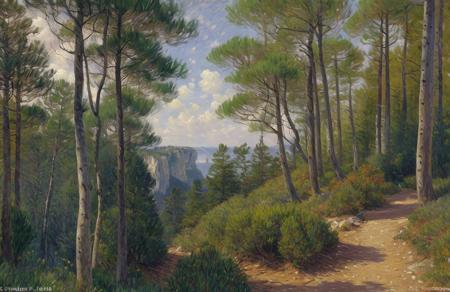 (impressionism:1.05), Cliff/Bluff, pine forest, (Vincent Di Fate:0.6), scene painting,scenery,a painting,