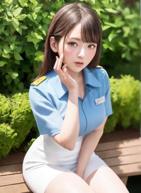 wide angle,cowboy shot,  , 
((travel attendant,stewardess) ),

(  sitting_on_knees,hand on own chin,garden),toned,muscular,stockings,
,
 (parted lips,light smile),(shiny skin:1.1),blush,masterpiece, highest quality, highres,absurdres,
(looking at viewer),
,
unparalleled masterpiece, ultra realistic 8k CG, clean, beautiful face, <lora:LadyUesakaSumire:0.5>