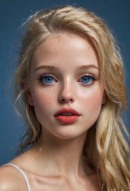 full body shot, side view, profile view, extremely realistic and detailed skin texture, insanely clear and detailed eyes, glossy lipstick, full lips, cute small flawless nose, long hair, freckles, blonde hair, blue eyes, beautiful face features of a 18 year old amateur model, 
ISO 300, 1/250s, F/2,8, 38 mm, extremely high quality RAW photograph, intricate, exquisite details and textures, highly detailed, ultra detailed photography, 4k, sharp focus, high resolution, 8k UHD, DSLR, high quality, film grain, Fujifilm XT3, looking at viewer, dynamic pose, wide angle view, dark limited palette, low key lighting, (wide angle view , medium close up:1.4)
<lora:add-detail-xl:1> <lora:xl_more_art-full_v1:0.5> <lora:looking_at_viewer:2>