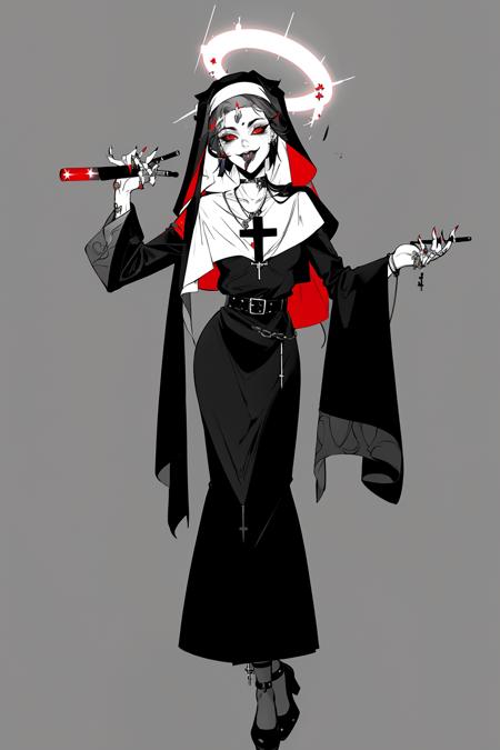 Gothic style, dark series, character standing painting, smoke, solo, red eyes, 1girl, jewelry, nun, holding cigarette, smoking, habit, spot color, cigarette, cross, belt, grey background, looking at viewer, ring, full body, tongue, monochrome, standing, teeth, long sleeves, holding, open mouth, tongue piercing, dress, smile, simple background, tongue out, fingernails, arm up, halo, bandaid on face, cross necklace, earrings<lora:GETE:0.8>,