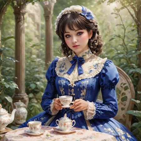 stunning detail, photorealistic, hyperdetailed photography, Candid Photo of a royal blue sweetegl-dressed girl enjoying tea outdoors in a blooming garden, bathed in natural sunlight from a slightly above angle, portraying a whimsical and dreamy mood. <lora:sweetlolitaxl3.5-12:1.0>