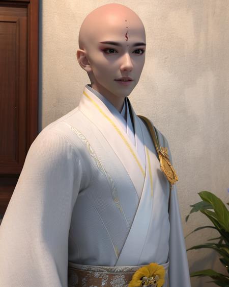 1boy, bald,brown eyes, chinese clothes, looking at viewer, white kimono,upper body,