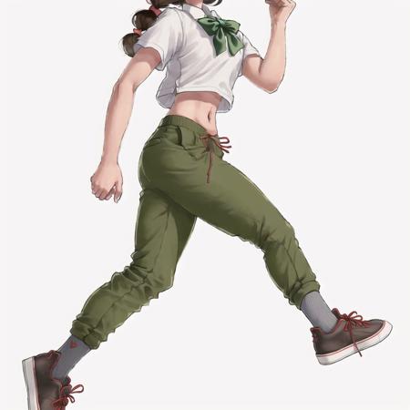 <lora:riffleman1130_v2:1.0>, (riffleman:1.0), drawing,1girl, :o, action, alternate eye color, alternate hair color, beret, black shoes, bow, braid, brown hair, clenched hand, collared shirt, crop top, drawstring, floating hair, from below, gradient, gradient background, green bow, green pants, green vest, grey background, hair bow, hat, kicking, legs apart, long hair, looking at viewer, midriff, motion blur, navel, neck ribbon, no socks, open mouth, pants, red eyes, red ribbon, ribbon, ribbon-trimmed clothes, ribbon trim, shade, shirt, shoe soles, shoes, short sleeves, side braid, solo, stomach, twin braids, vest, visible air, white shirt, wind, wind lift, >:o