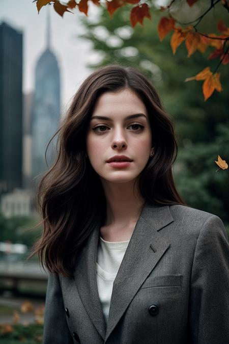 AnneH_SoloTI_v1,
 posing for a picture,
(Clad in a tailored charcoal suit, softened by a silk tie with a hint of color, embodying strength with a touch of tenderness),
(An urban park at dawn, with skyscrapers towering overhead, softened by the gentle rustle of leaves, blending toughness with tranquility: 1.3),
(seductive:1.3),(analog, cinematic, film grain, hazy atmosphere, cinematic shot:1.3), 
 <lora:add_detail:0.6>,<lora:LowRa:0>, PA7_Portrait-MCU,