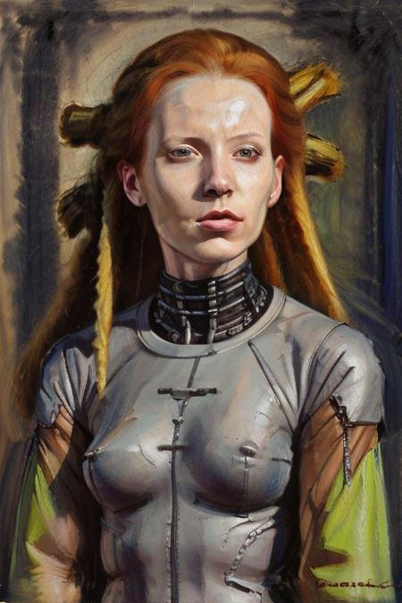 woman from the future, cyber punk clothing redhead, dreadlocks  <lora:jgurney:0.7> oil painting brush strokes