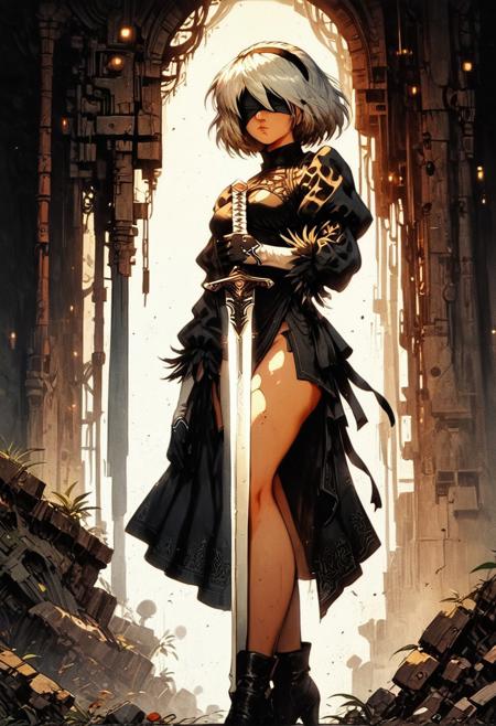 score_9, score_8_up, score_7_up, knva, absurdres, extremely detailed, detailed hair, dynamic lights, (UHD), detailed body line, detailed face, 8k wallpaper,  YoRHa No. 2 Type B, 2B (Nier Automata), (full body shot), mole under the lips, (holding the sword), sword, blindfold, detalied background, cyber temple, 2B outfit, thighhighs, expressiveH, retro,