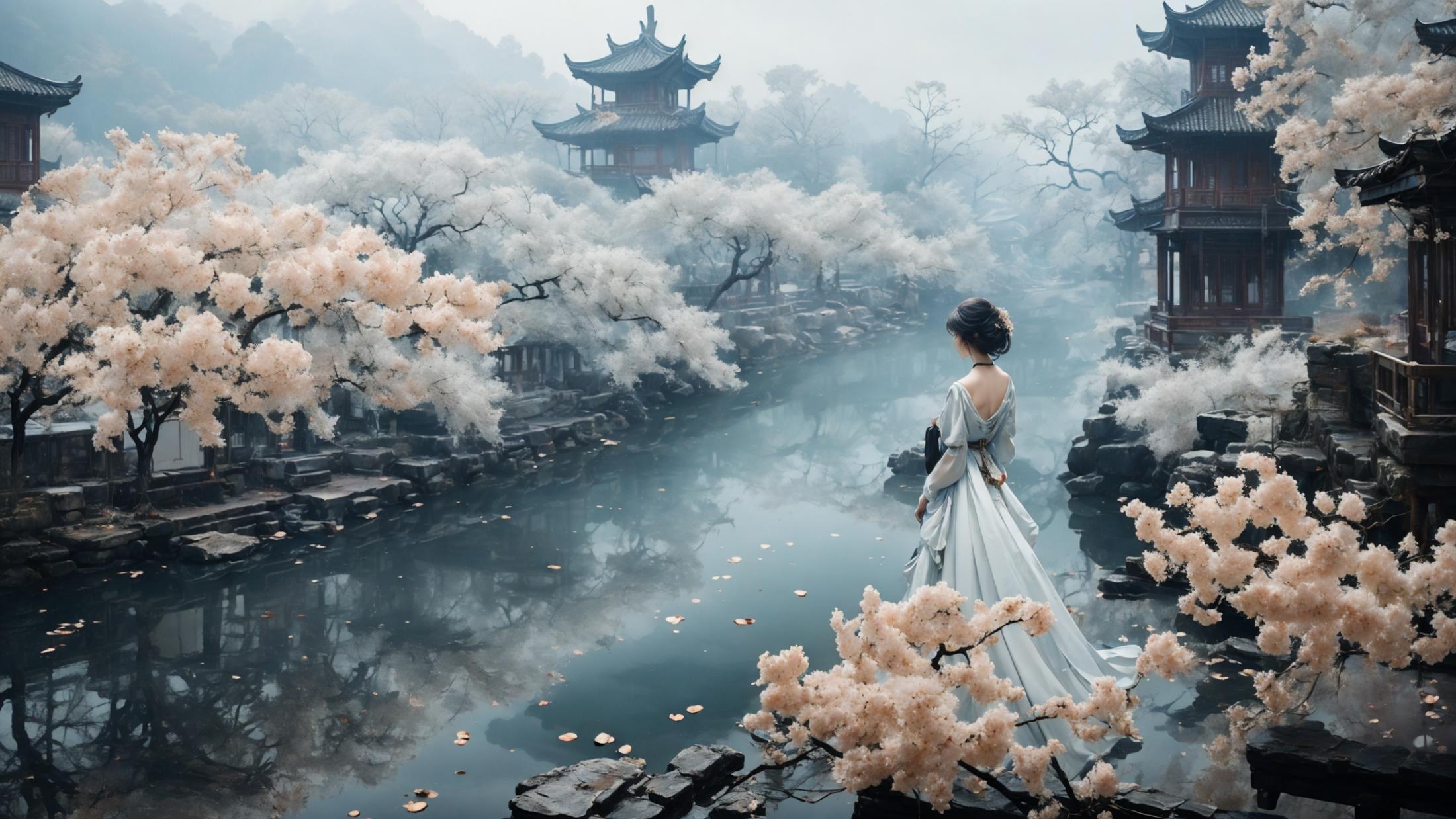 A woman in a white dress stands near a river in a foggy, Asian-inspired setting.