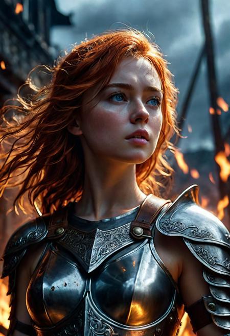 High resolution ultra-realistic of Beautiful Warrior Sadie Sink as Joan of Arc, 8k, capturing the intensity of the moment, cinematic lighting, standing on a bloody and stormy battlefield in bloody battle, wavy red hair, realistic dirty pale face, realistic blue eyes,  beautiful hourglass figure, burning in a medieval Town, intricately designed iron and silver armor, Dark Ages Aesthetic, perfect athletic figure, beautiful Warrior Joan of Arc, fire, ultra realistic, cinematic style, vigorous and seductive, athletic figure, dark fantasy, dramatic lighting, wet and sweaty skin, dirty skin, athletic figure, dark fantasy, dramatic lighting, Greg Rutkowski style,, Warrior Joan of Arc on in iron armor, hyper-detailed, hyper-realistic, bright colours, Attractive 21 old years girl, Attractive, beautiful firm Breasts, sharp focus, digital painting, Photograph Taken on Nikon D750, Alphonse Mucha, 8K, athletic figure, Hyperdetailed, hyperrealism, Attractive, Attractive bust girl, asymmetric balance