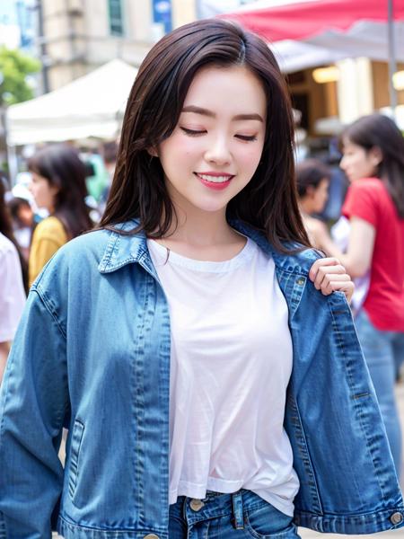 full body,closed eyes,posing for a picture, casual yet stylish, denim jacket over  white t-shirt, jeans,smile, amidst a bustling street market

 <lora:Irene_v65:.8>,irene1,

nikon RAW photo,8 k,Fujifilm XT3,masterpiece, best quality, 1girl,solo,realistic, photorealistic,ultra detailed,depth of view,symmetric perfect face,