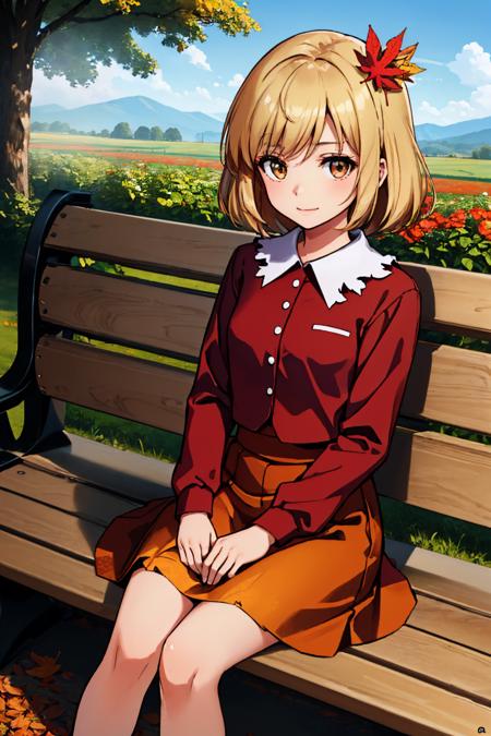 aki shizuha, leaf hair ornament red shirt, long sleeves, skirt