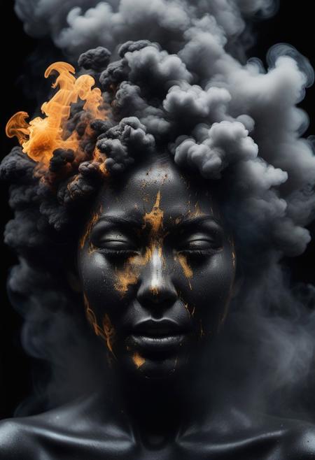 Double-masking photography, an angry goddess formed from the smoke of a sulfur explosion, Gia crying, from the smoke exits flaming dragon , black smoke, fire, acid rain, by HGHD, negative space, intricate details, photo illustration, 100 mm lens, cinematic scenes, liquid plasma scatter, fluid dynamics, ink art, blink-and-you-miss-it detail