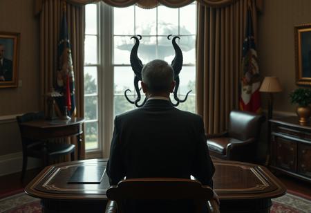 cthulu for president, oval office, mushroom cloud outside window, real photograph,photorealistic, correct hands, correct fingers, lovecraftian, vote button, campaign photo, election, elegant scene, facing away, sitting
