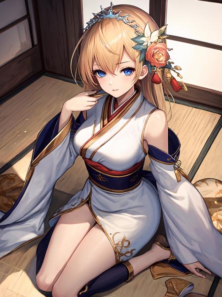 masterpiece,best quality,highres,cinematic lighting,dramatic angle,<lora:ShadowverseAureliaV2:0.8> ,blonde hair,hairband,hair ornament,hair flower,japanese clothes,bare shoulders,detached sleeves,wide sleeves,portrait,close-up,tabi,sandals,sash,looking at viewer,smile,blue eyes,parted lips,sitting,from above,teacup,seiza,tatami,bare legs out,thick thighs