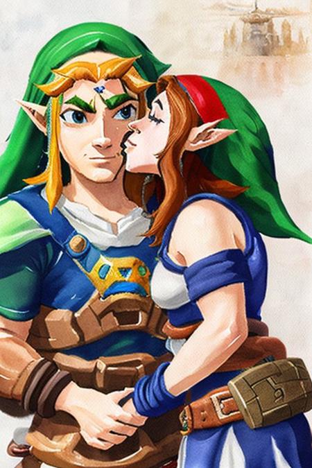 (ocarina of time fanart:1.3) (arabic gerudo 1girl:1.1) tribe woman kissing (ganondorf 1boy:1.1) on the cheek kissingcheek hetero <lora:wcolors-step00001600:0.9> watercolor painting <lora:kissingcheek:1>