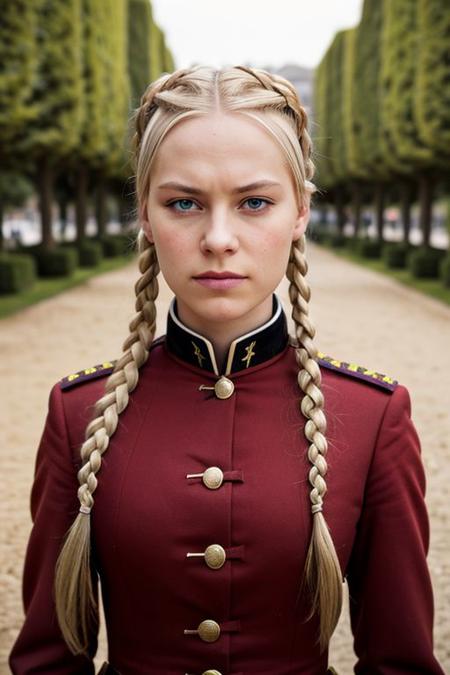 ground level outdoor photo of angry 25YO blonde French female with twinbraids wearing [XVII century] military uniform, bottom-view