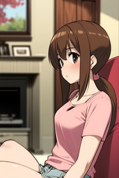 brown hair, long hair, ponytail, casual, sitting, living room