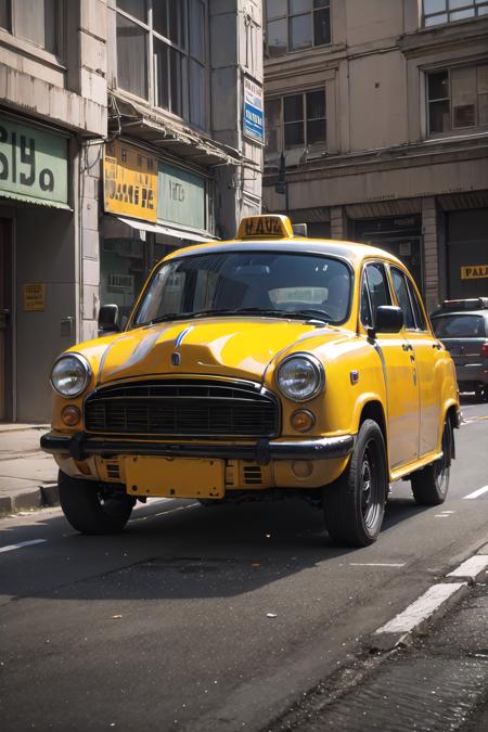 (highly detailed:1.3), solo, 
<lora:hindustan_ambassador-10:1>, wrenchs_hindustanambassador, (yellow vehicle:1.1), taxi,
Ultra-detail, (highres:1.1), best quality, (masterpiece:1.3), cinematic lighting,