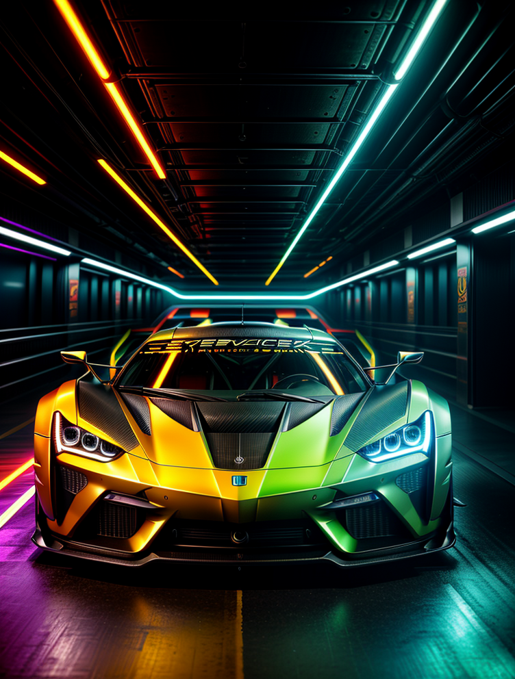 cyberpunk supercar, in cyberpunk city photoshoot, running at high speed, glowing lights, speed sensation, well framed at middle range, neon colored luxury rims, extreme detail, illegal race car, extreme photorealistic, 3D, 8k, Hyper detailed car, perfect soft lighting, great lighting, car photography, fisheye lens, raining, reflection, octane render, high quality, <lora:more_details:.6> <lora:wowifierV3:.6>