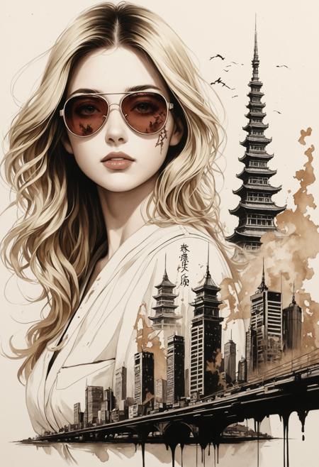 A bold inkplash-meets-watercolor wash artwork, expertly painted on rice paper using rich sepia, burnt henna, and ink-black hues. an advanced sci-fi cityscape, with gleaming towers and skyscrapers, clear sky double exposure, crisp lines, Osaka cityscape below and to side of closeup portrait of stunning  Japanese woman, blonde loose hair, mirrored aviator sunglasses