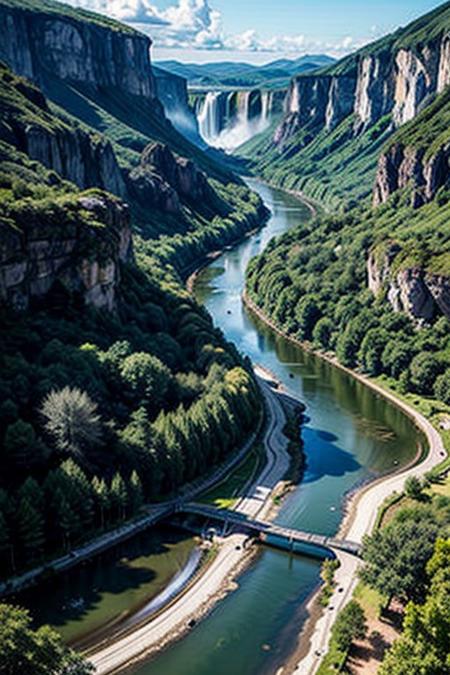 masterpiece, best quality, amazing quality
a cool image of an impossible landspace with some nice depth of field and dramatic colors, stunning landscape photograph from a bird's eye view, featuring a picturesque village situated on the banks of a river surrounded by lush green mountains and a waterfall in the background. scenery,32k, UHD, ultra detailed, vivid colors, high quality, sharp focus