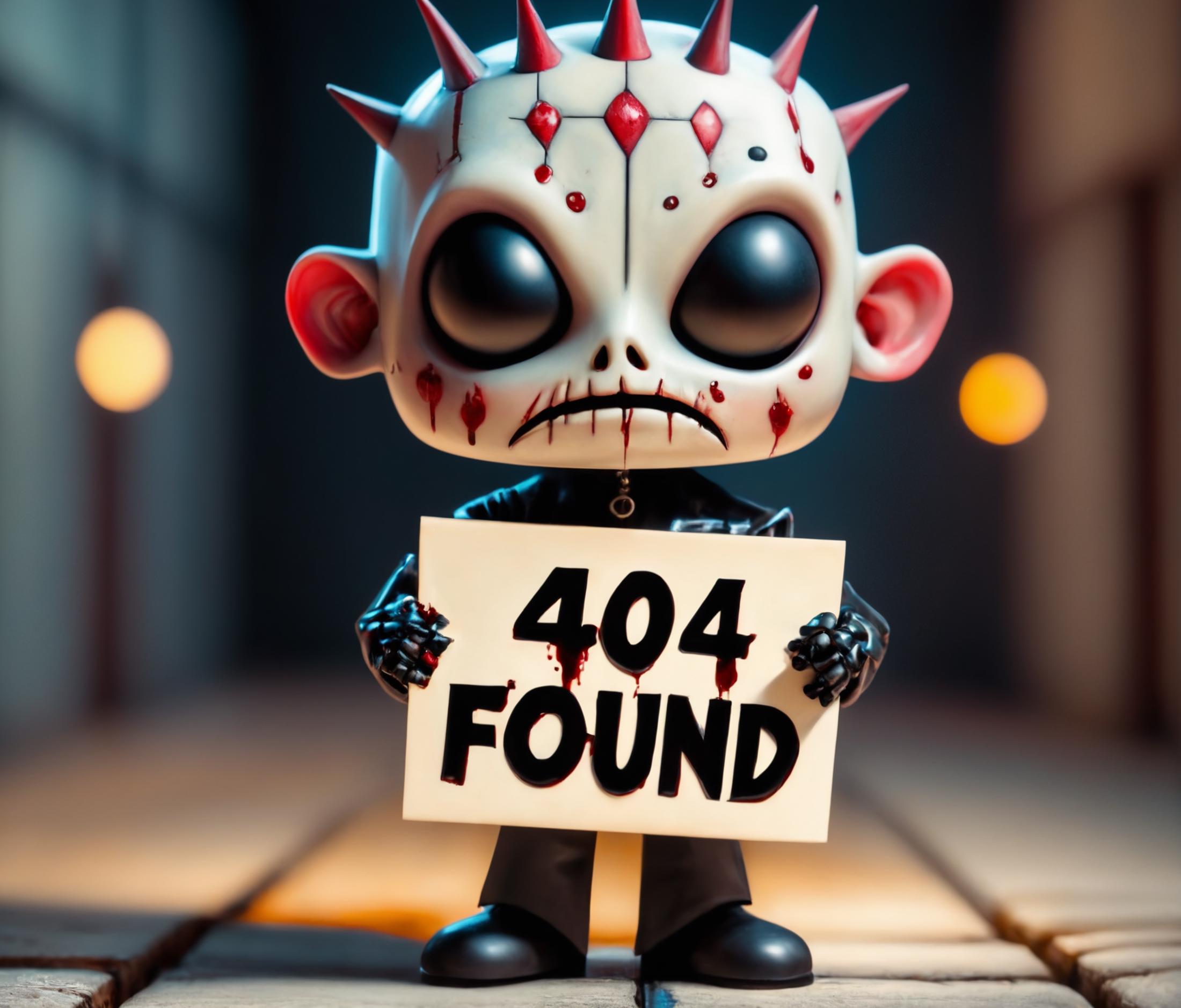 A creepy doll holding a sign that says 404 Found.