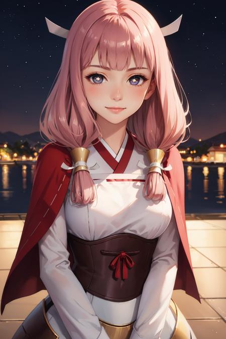 mitama, pink hair star-shaped pupils, hair ornament, capelet, armored dress