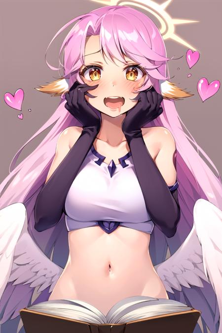 jibril (no game no life), official clothes, book, 1girl, solo, long hair, white wings, compass rose halo, feathered wings, navel, wings, breasts, halo, pink hair, low wings, heart, animal ears, drooling, crop top, yellow eyes, hand on own face, angel wings, gloves, open mouth