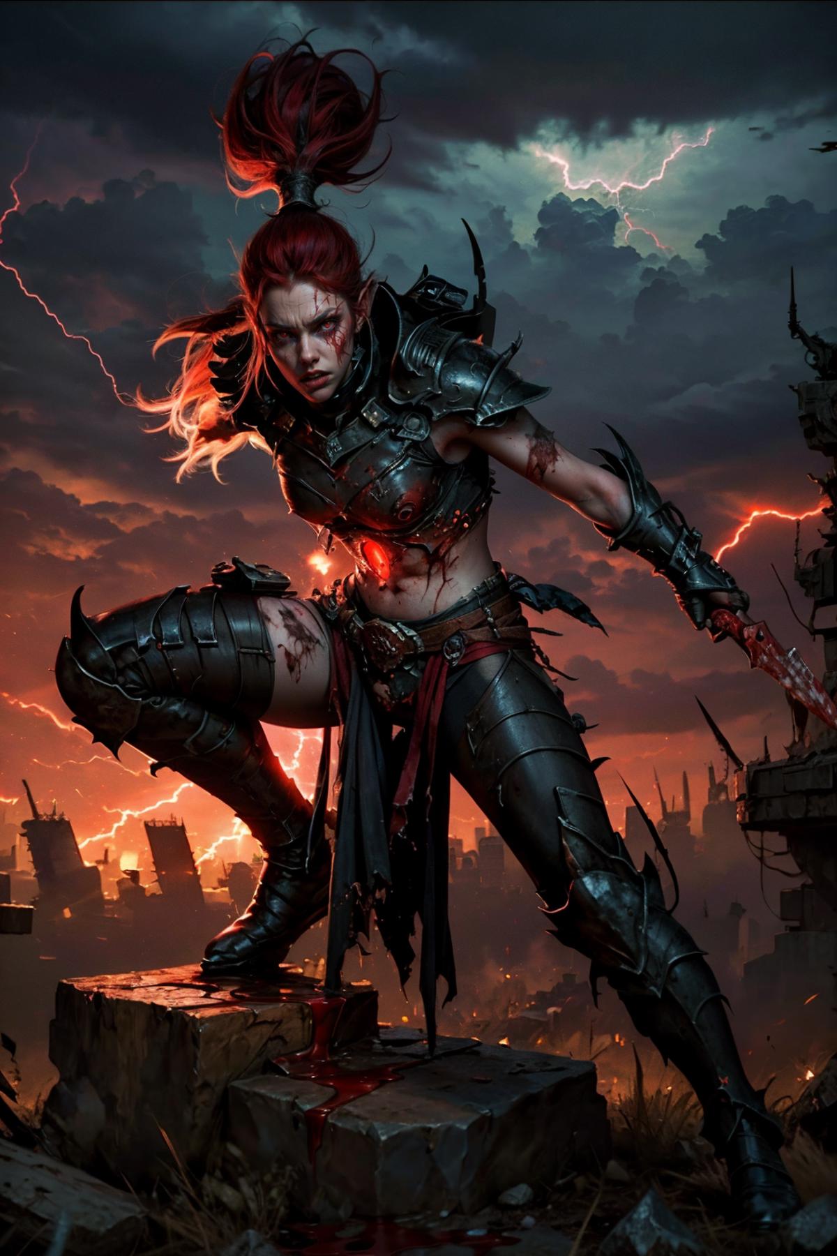 A warrior woman with red hair and a sword in a fantasy setting.