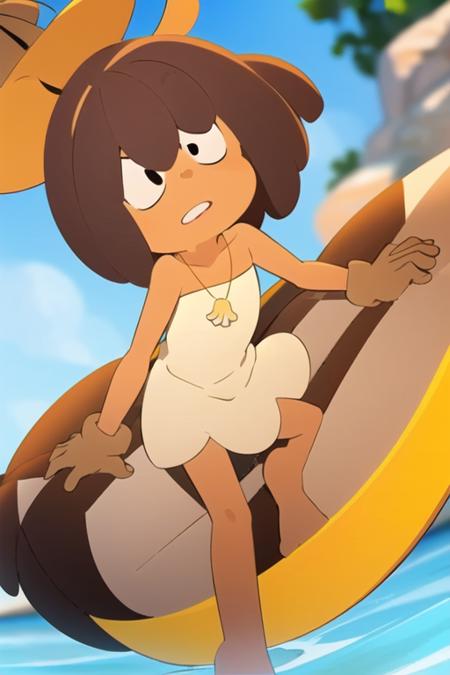 <lora:MouseDroners:0.8>mouserdroners, 1girl, short in stature, tanned skin, brown hair,  shoulder-length hair, sleeveless, strapless yellow-white dress, a yellow and white seashell necklace, sunshine, sea, beach